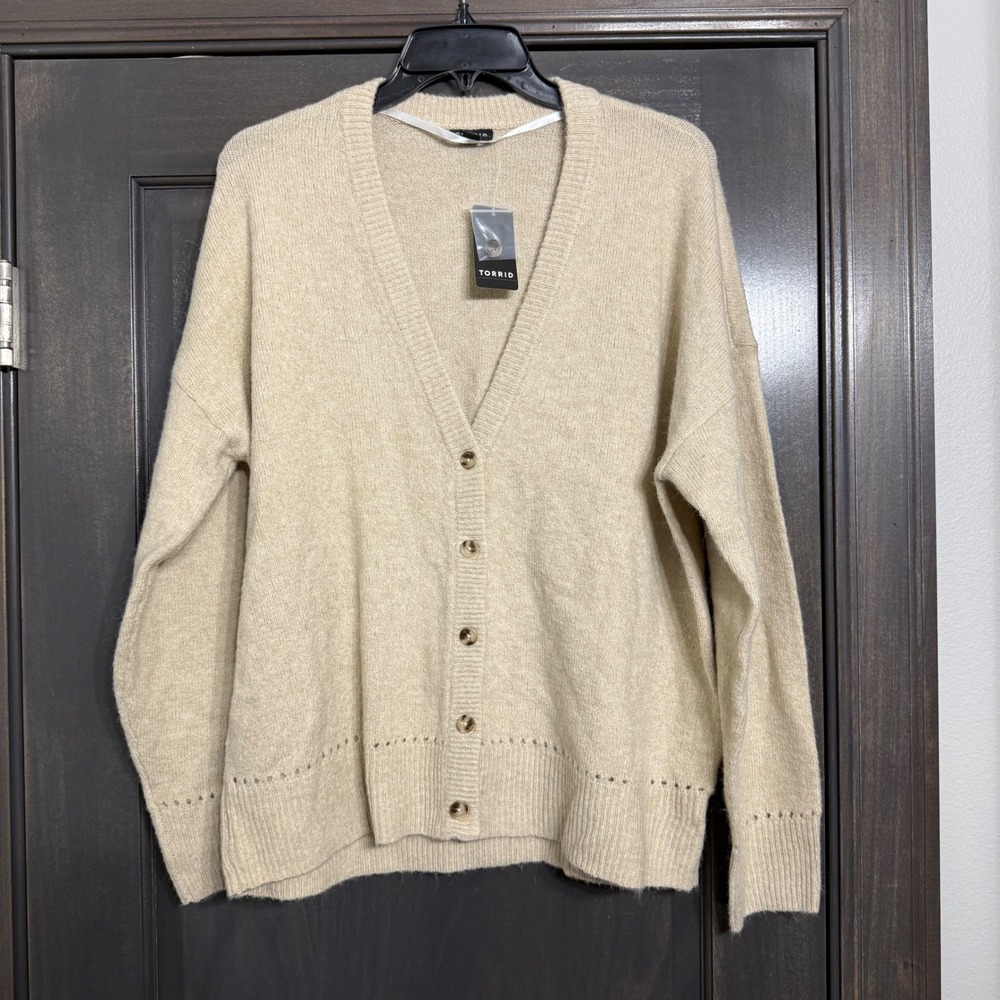 Torrid Oatmeal Heather Beige V-Neck Pointelle Button Front Cardigan Sweater 1 1X